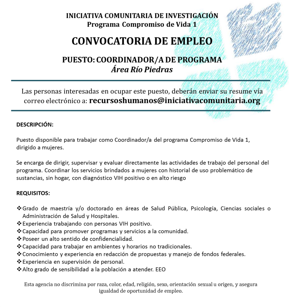 Convocatoria Coordinador CV1 – Iniciativa Comunitaria